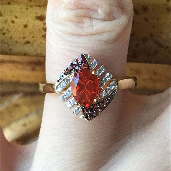 Natural Fire Opal Sterling Silver 18k Yellow Gold Vermeil Ring Size 7 - Picture 1 of 8